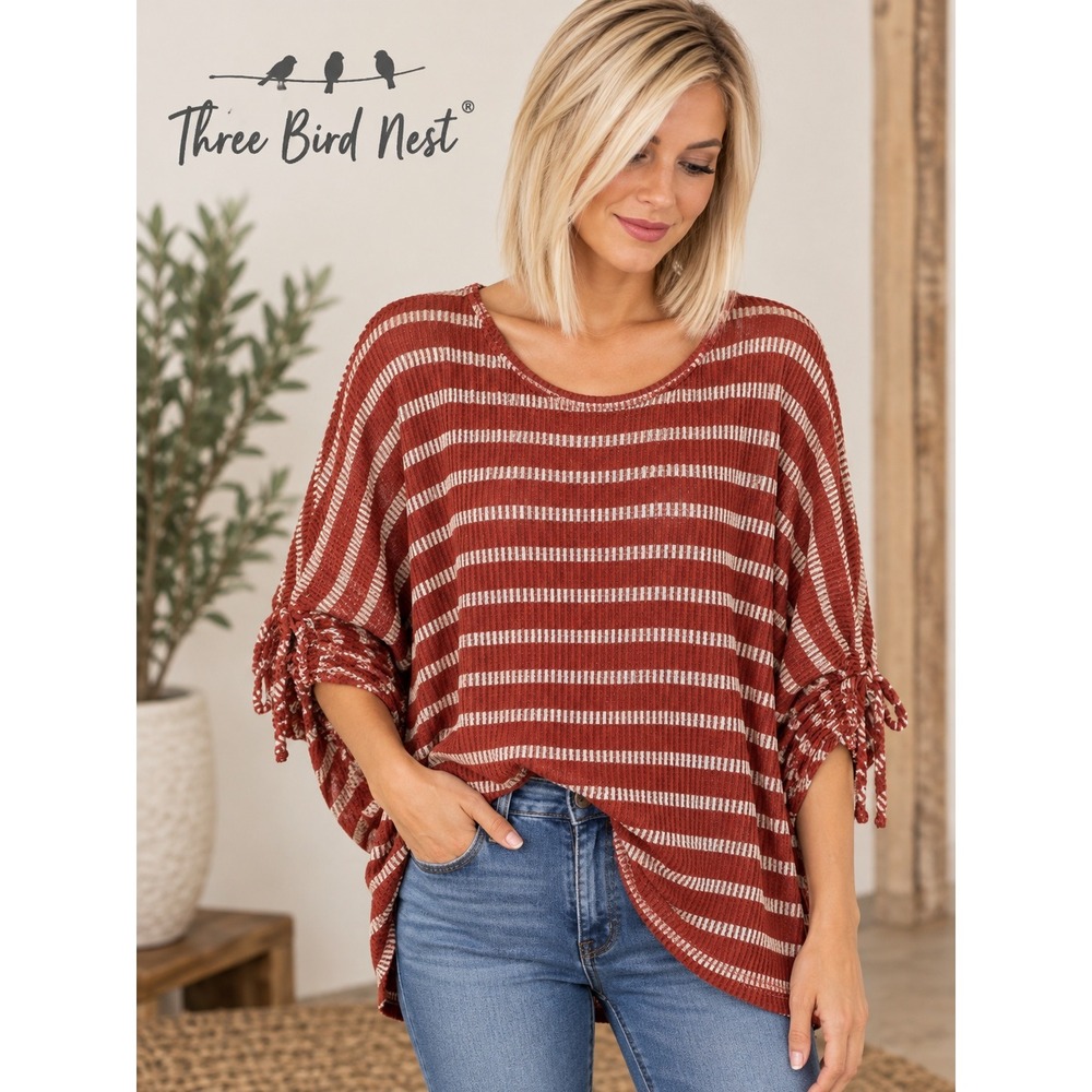 Three Bird Nest Rust Orange Striped Dolman Sleeve Tie Top Oversized Boho Large